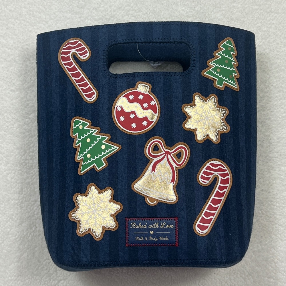 Bath & Body Works Mini Tote Bag Gift Bag Navy Blue Striped Felt Holiday Cookie